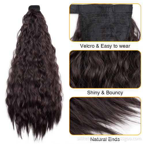 Kinky Curly  Magic Paste Heat Resistant Wavy Synthetic Wrap Around Ponytail Hairpiece 24 Inch Long Corn Wave Ponytail Extension